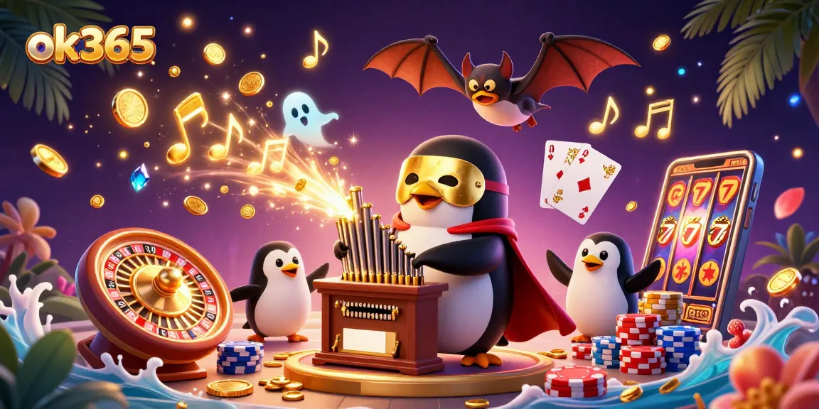 Experience excitement at ok365 with a 3D illustration of a penguin organist surrounded by cascading coins and gaming elements.