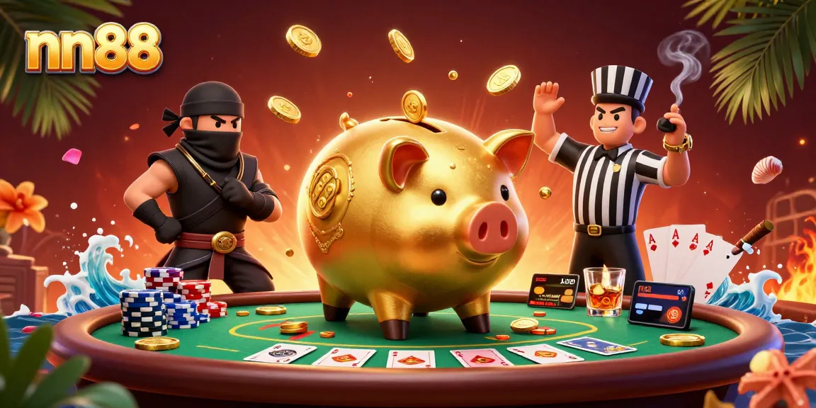 nn88 brings together a sumo wrestler piggy bank and friends in an exciting casino scene.
