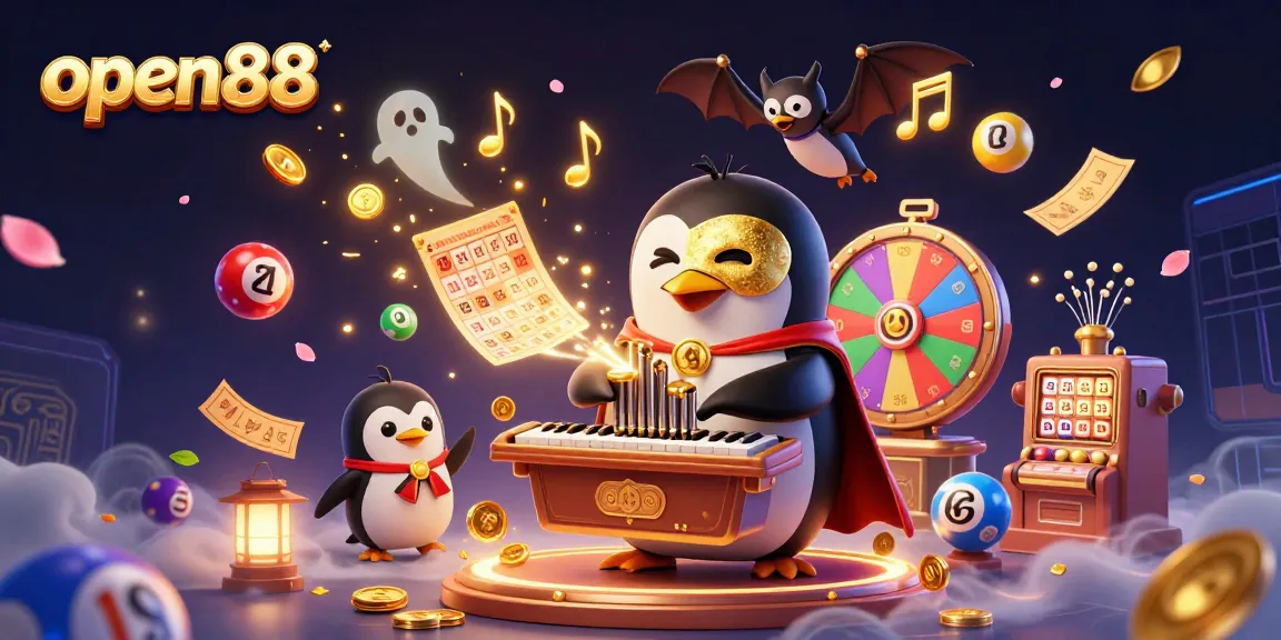 Engage with open88’s vibrant casino illustration showcasing unique characters, golden coins, and lottery elements.