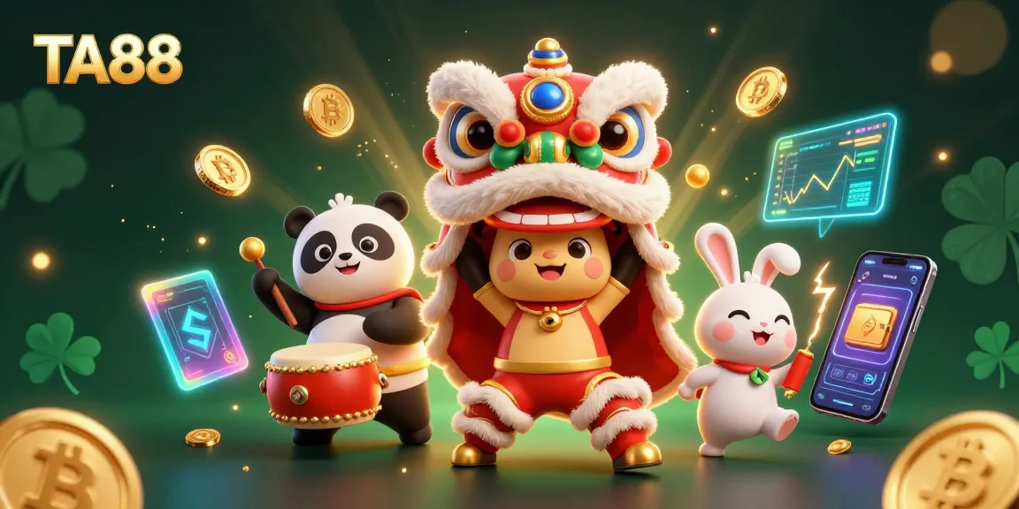 Experience TA88's vibrant online casino atmosphere with a lively lion dance and crypto elements.