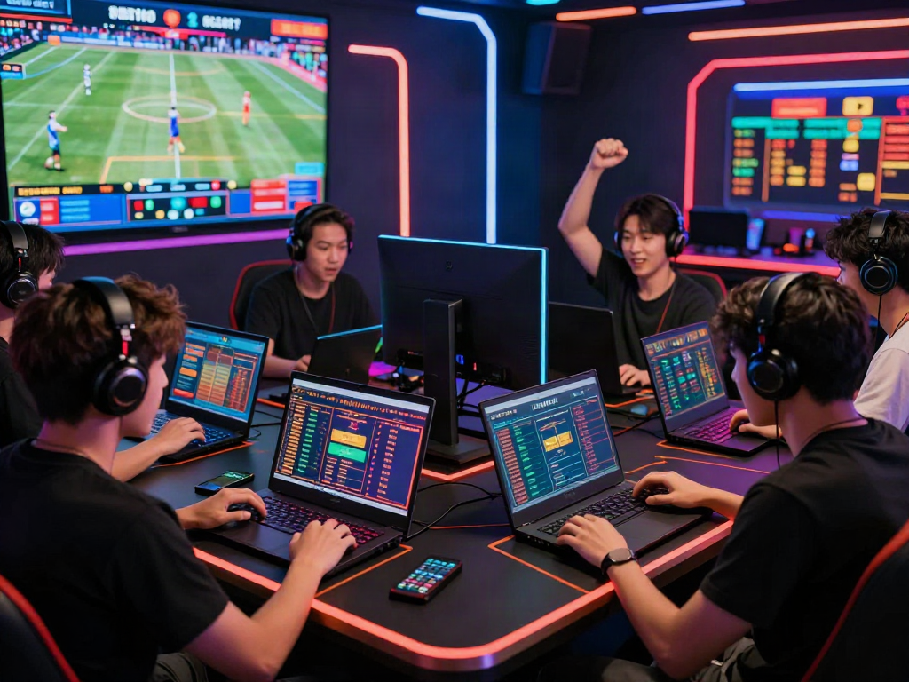 Engaged players at https://fabet.com.mx/ enjoying an online betting experience, surrounded by vibrant digital displays and high-energy atmosphere.