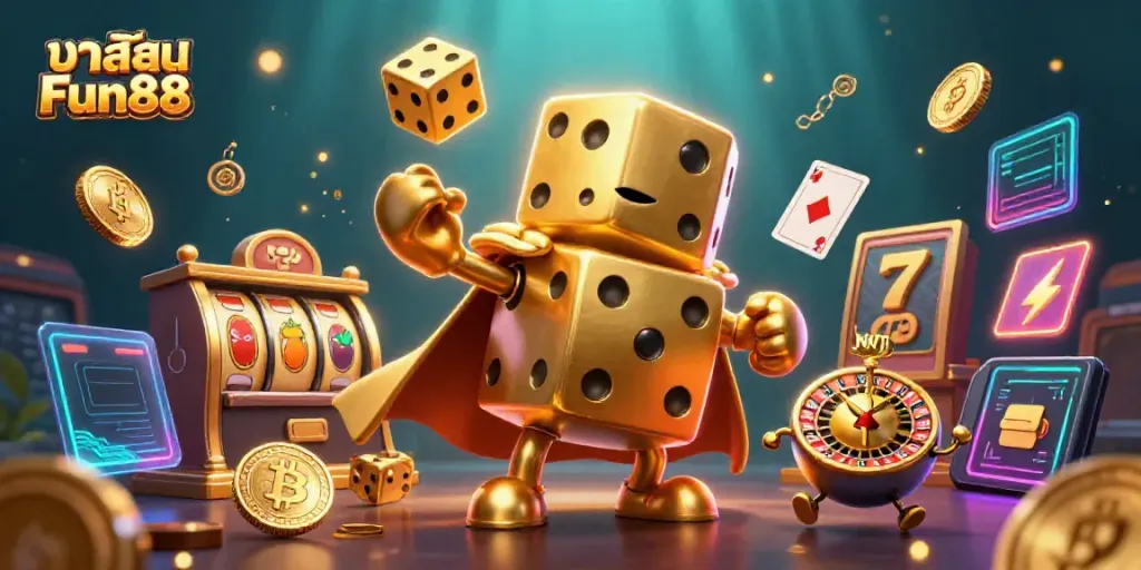 Experience thrilling gameplay at คาสิโน Fun88 with an exciting 3D dice golem and casino elements.