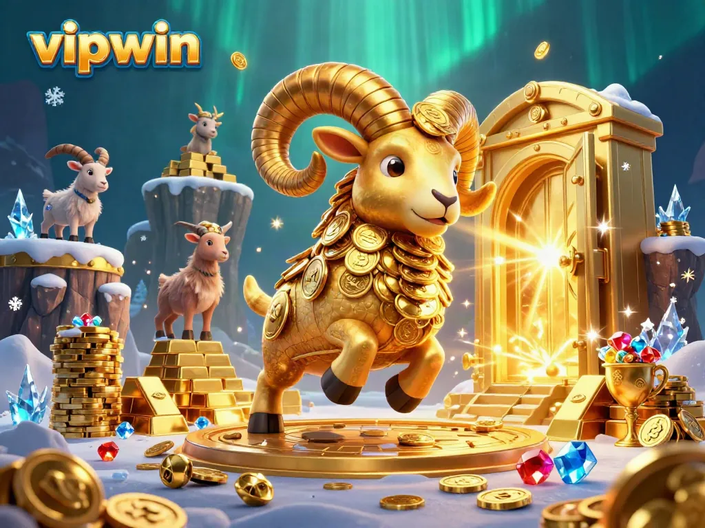 Join the thrilling world of vipwin with a golden ram charging through riches in a vibrant casino scene.