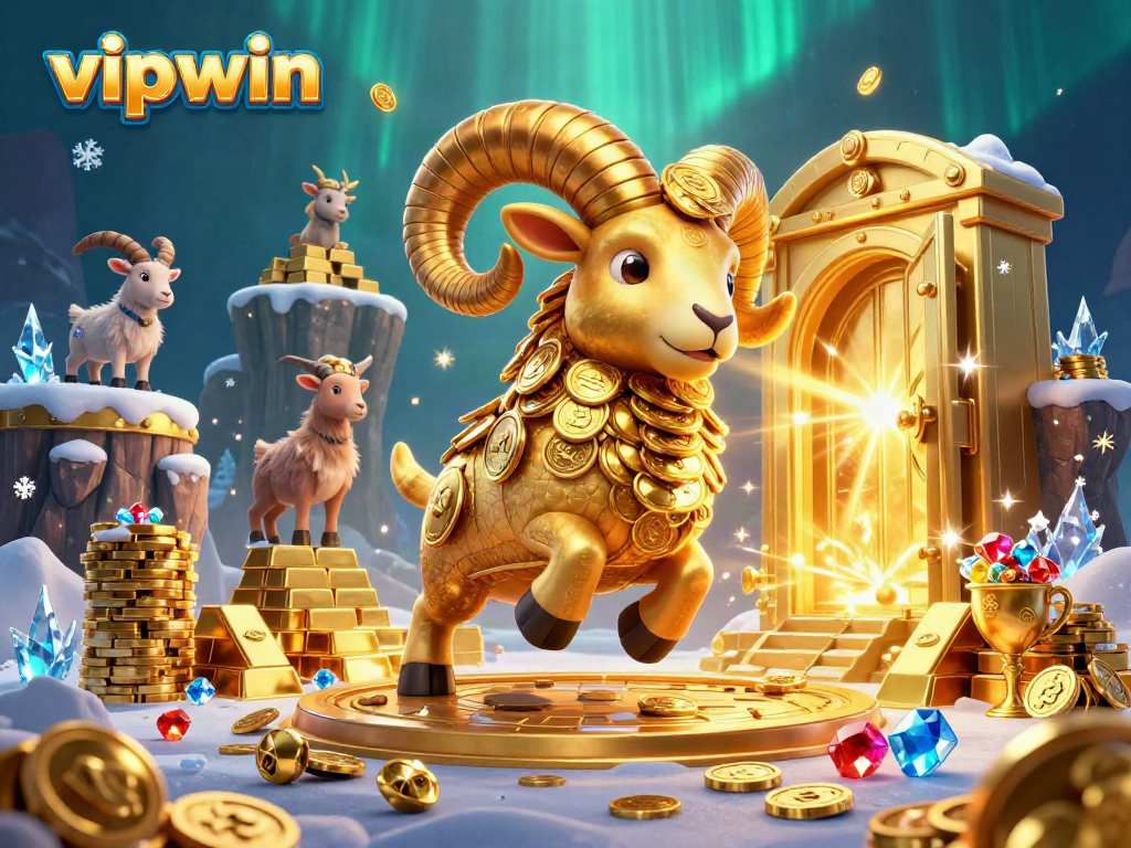 Join the thrilling world of vipwin with a golden ram charging through riches in a vibrant casino scene.