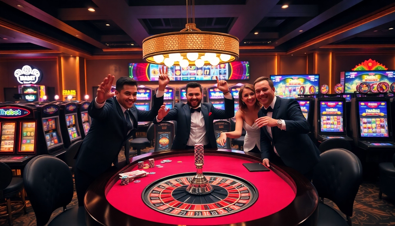 Thabet table gaming and casino excitement with players celebrating wins.