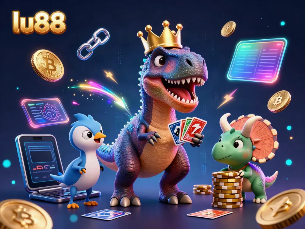 Experience thrilling gameplay at lu88 with a cartoon T-Rex shuffling cards, surrounded by vibrant gaming elements.