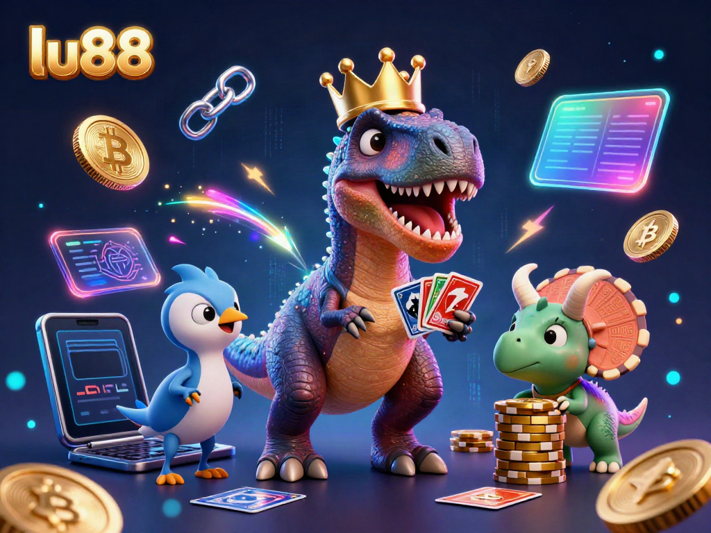 Experience thrilling gameplay at lu88 with a cartoon T-Rex shuffling cards, surrounded by vibrant gaming elements.