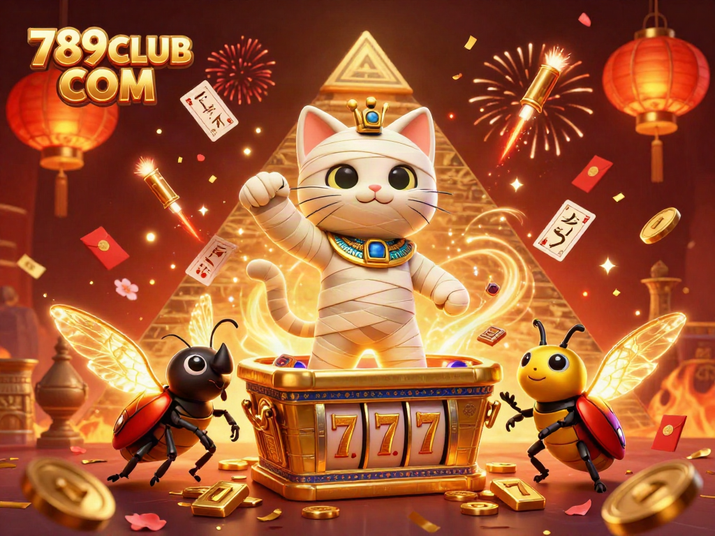 Experience thrilling gameplay with 789CLUB COM in an ultra-detailed 3D illustration featuring a mummy cat and golden elements.
