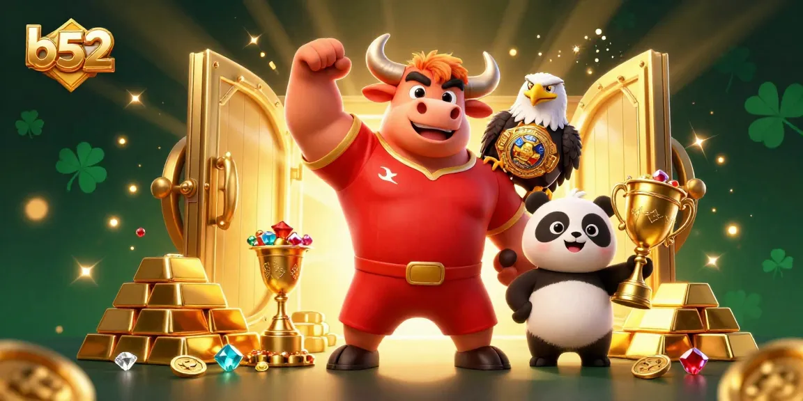 Experience the excitement of b52 casino games with a vibrant, celebratory scene featuring gaming mascots and gold treasures.