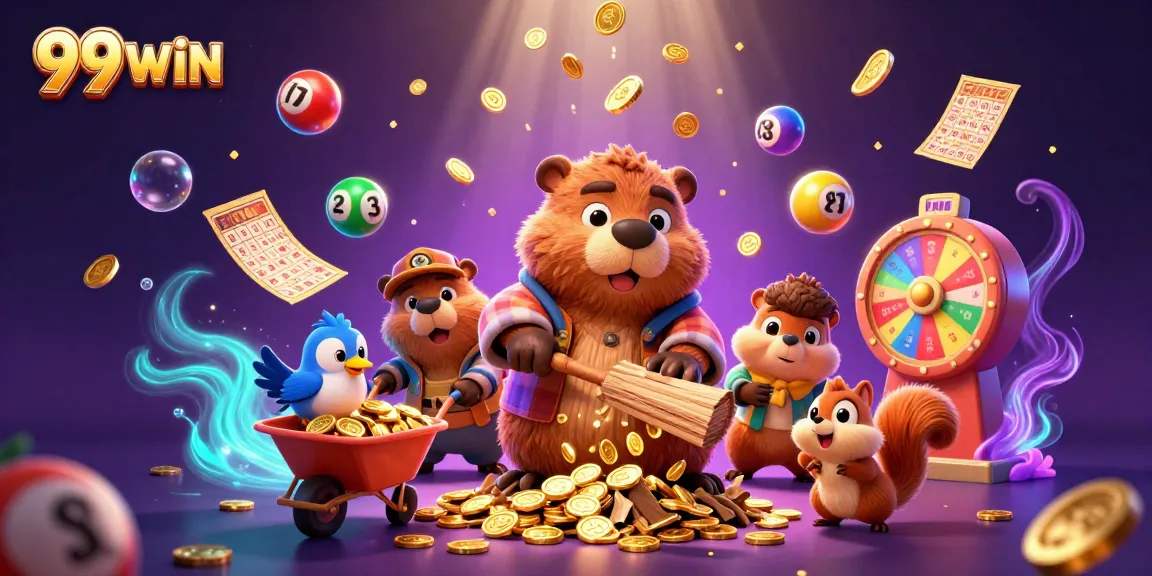 Engaging 99WIN scene with animated characters celebrating casino wins amidst vibrant game elements.