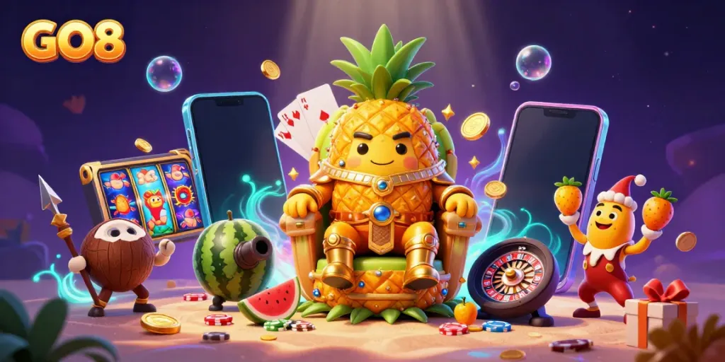 Experience the fun of GO8 with a vibrant casino scene featuring a golden pineapple king and thrilling gaming elements.