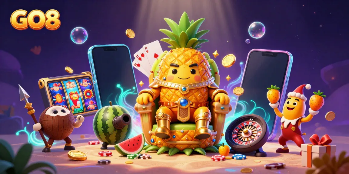 Experience the fun of GO8 with a vibrant casino scene featuring a golden pineapple king and thrilling gaming elements.