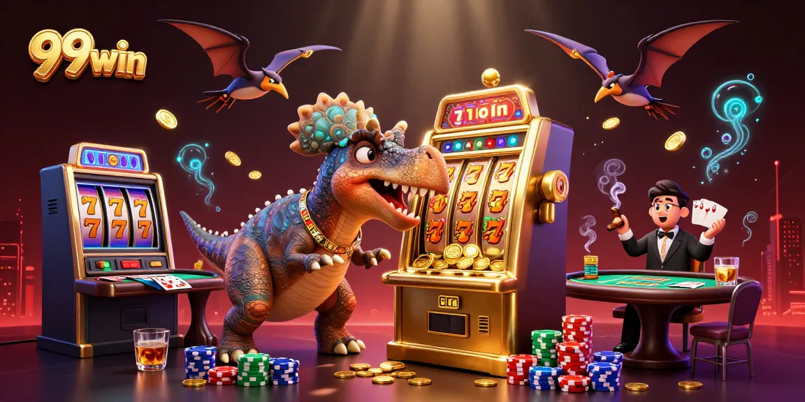 Experience 99win excitement with a pachycephalosaurus winning jackpots amidst casino chaos.