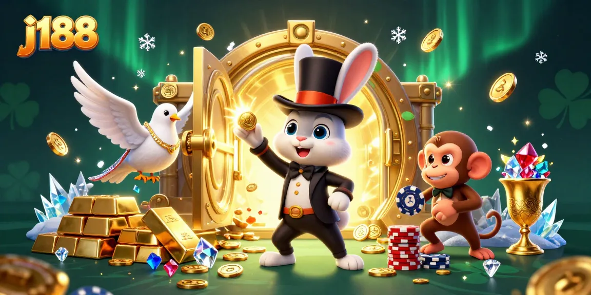 Experience the magic of j188 with a vibrant scene of fun casino characters and sparkling treasures.