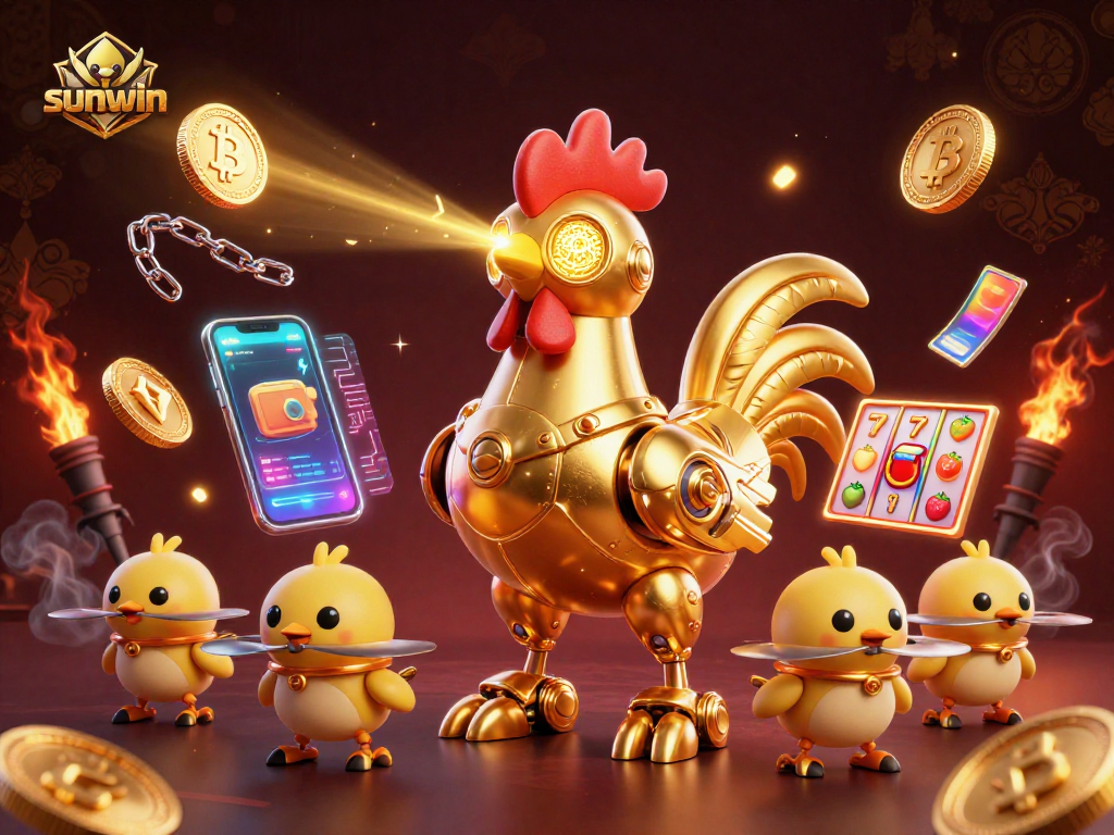 Engage with sunwin's thrilling slots in this 3D illustration showcasing action-packed gaming elements.