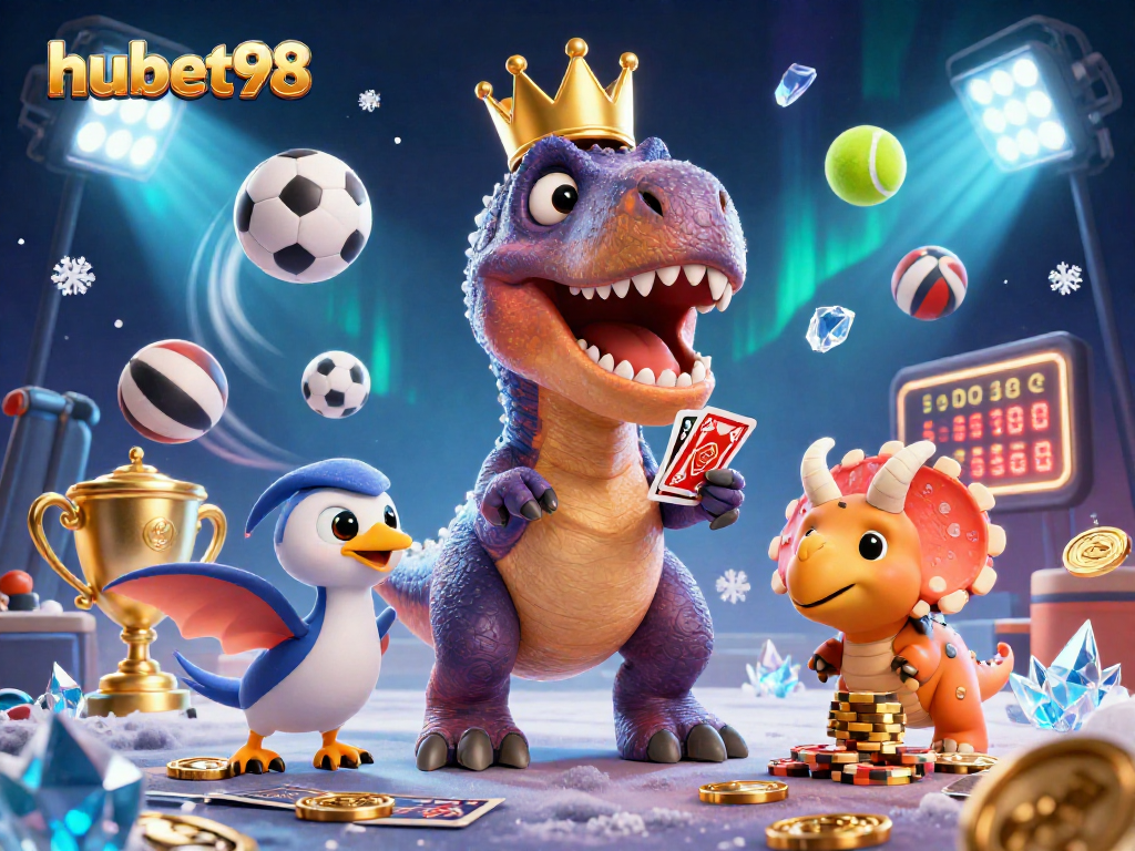 Engage with hubet98 as a playful T-Rex and friends shuffle cards amidst dynamic casino elements.