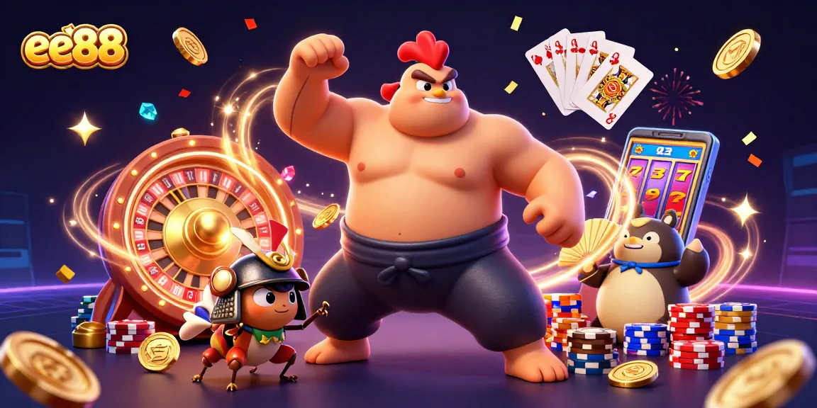 ee88 showcases a dynamic casino scene with a powerful sumo wrestler, cricket, and announcer amidst coins and cards.