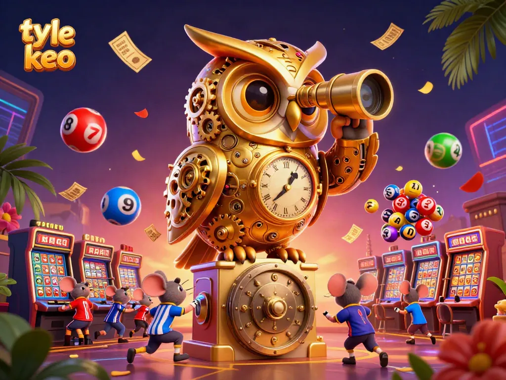 Bet on sports with ty le keo as the golden owl watches over lively casino patrons and lottery activities.
