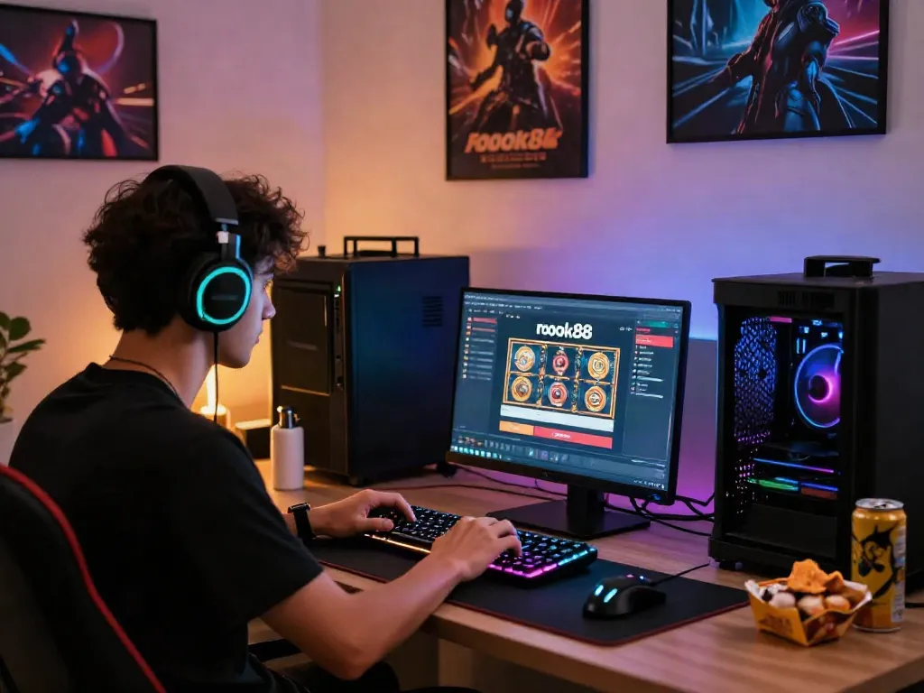 Engaged gamer using rokok88 slot login on laptop in vibrant gaming setup.