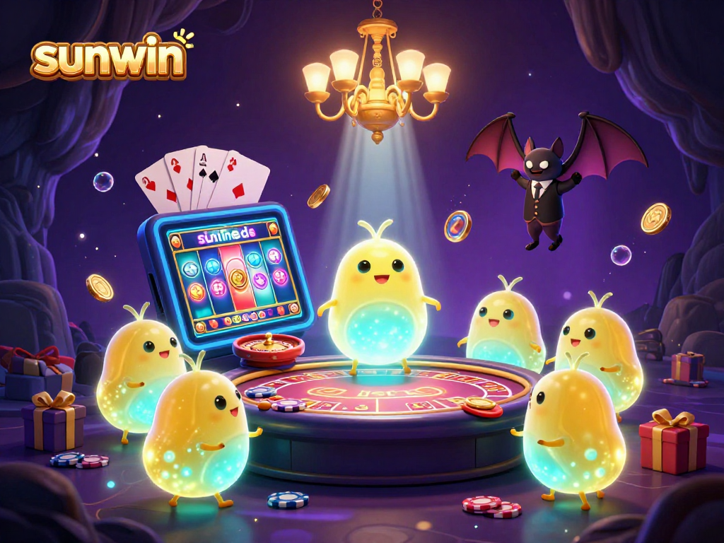 Experience sunwin's vibrant cave casino scene with glowworms lighting gameplay and a bat dealer.