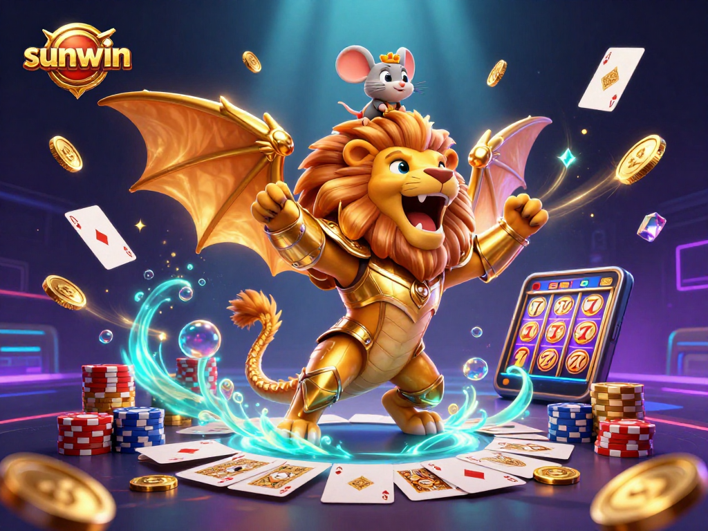 Experience thrilling wins with sunwin, showcasing a triumphant chimera and dazzling casino elements.