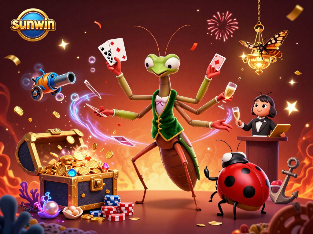 Engage in thrilling gameplay at sunwin as a giant praying mantis dealer shuffles cards and chips.