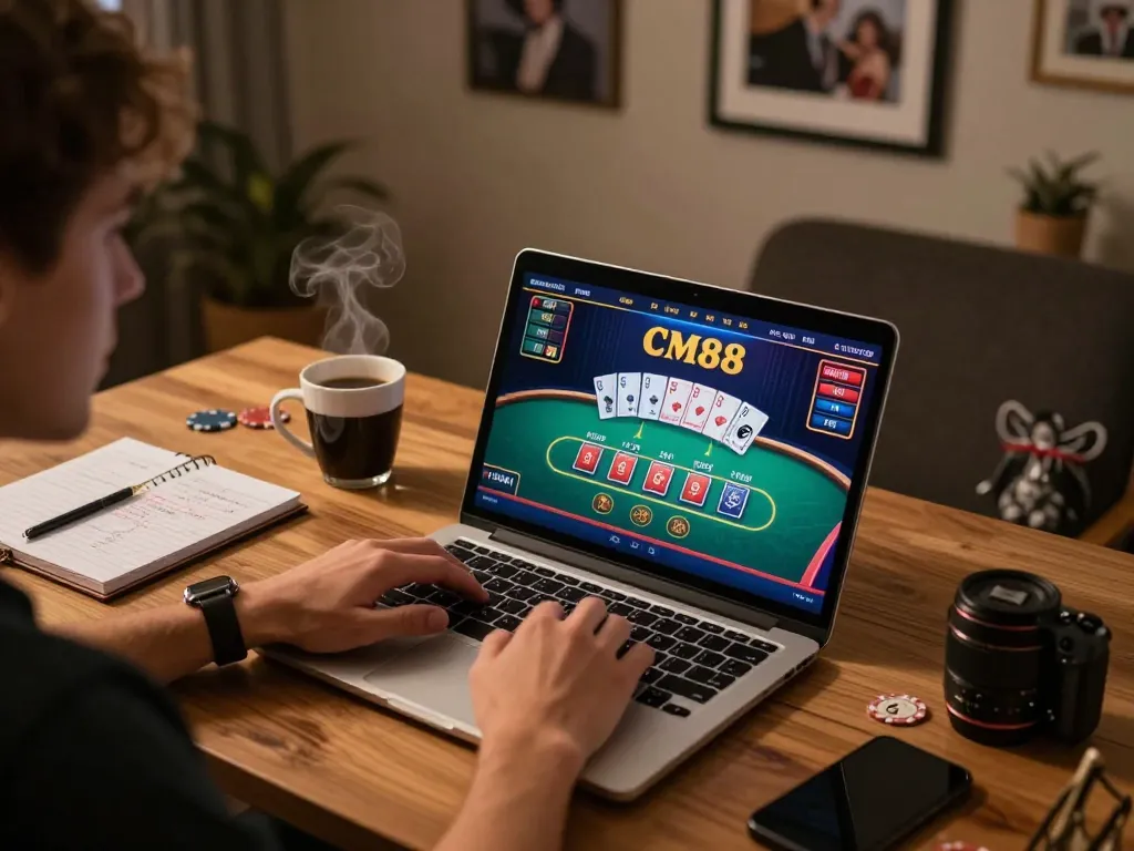 Experience thrilling gaming on CM88 with a live dealer blackjack setup in a cozy home atmosphere.