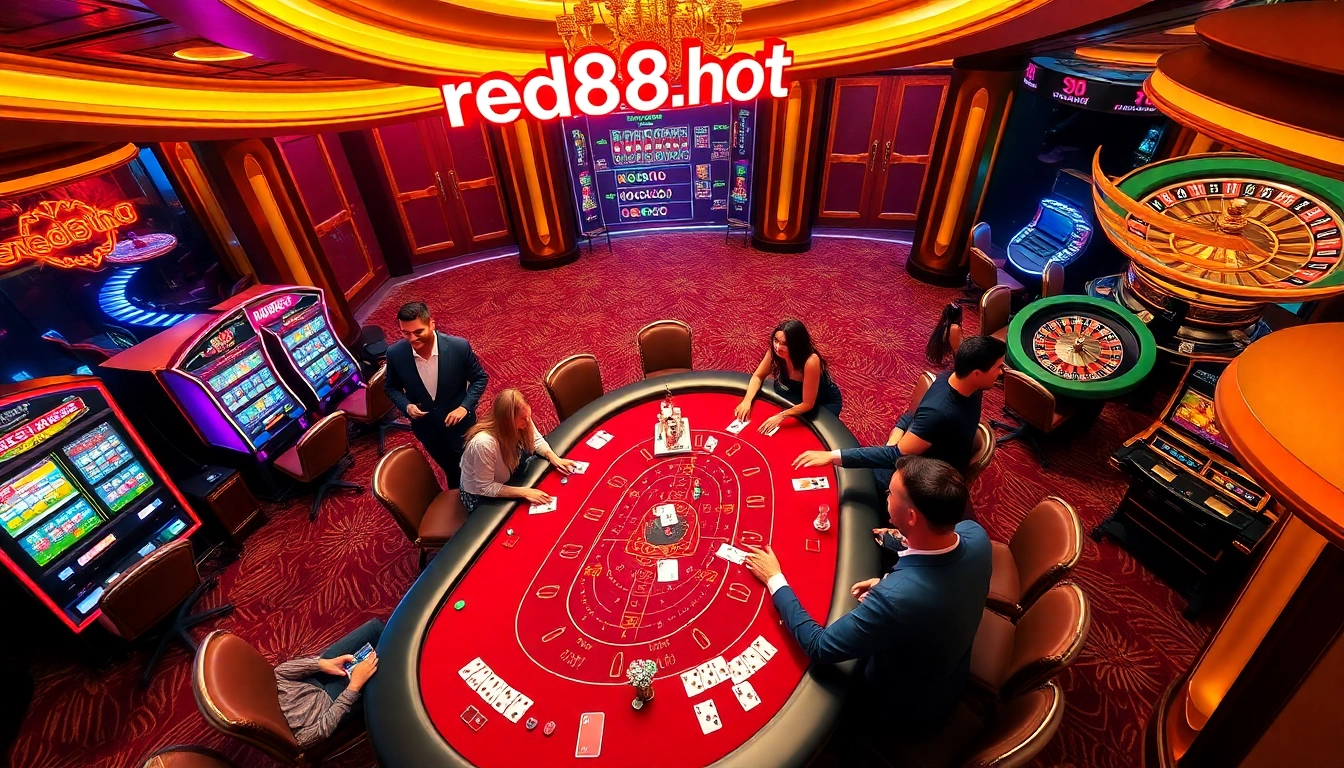 Experience luxury gambling at red88.hot with baccarat tables, slot machines, and vibrant neon lights.
