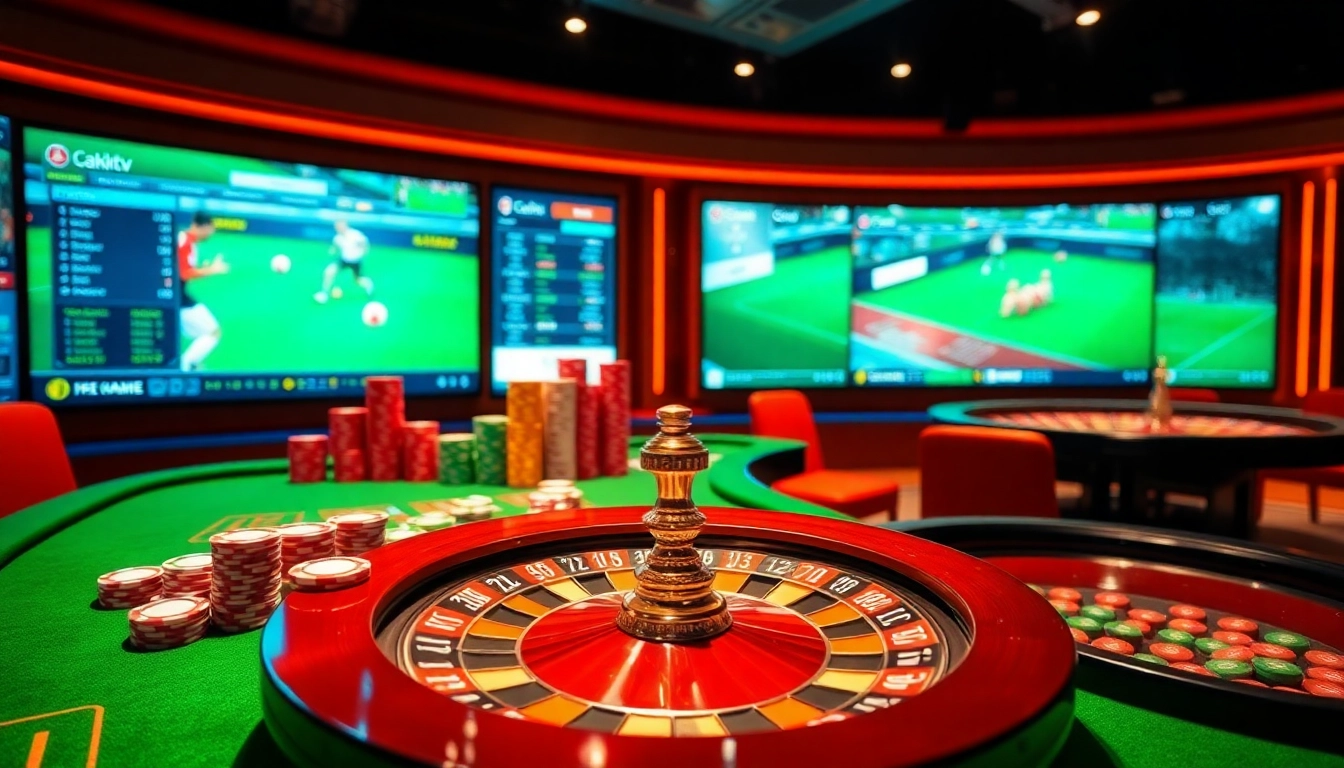 Engage with thrilling online gaming at https://cakhiatv1.net featuring vibrant poker tables and a live football match interface.