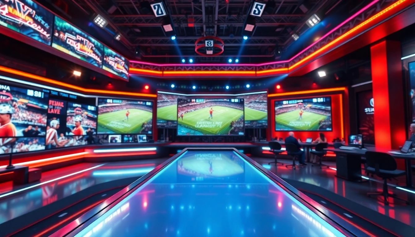 Engaging sports broadcasting scene with dynamic hosts and live sports visuals.