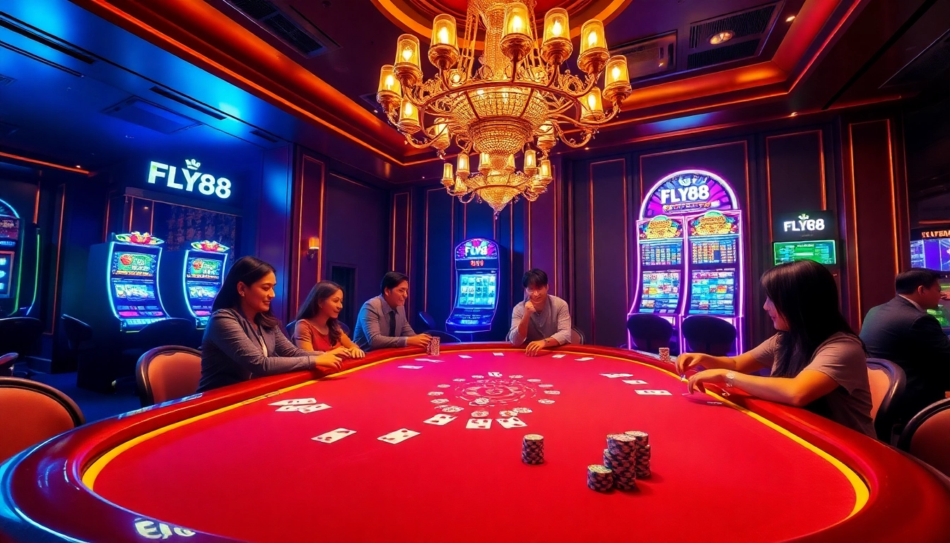 Experience the excitement of fly88 casino with vibrant gaming tables and thrilling slot machines in a luxurious setting.
