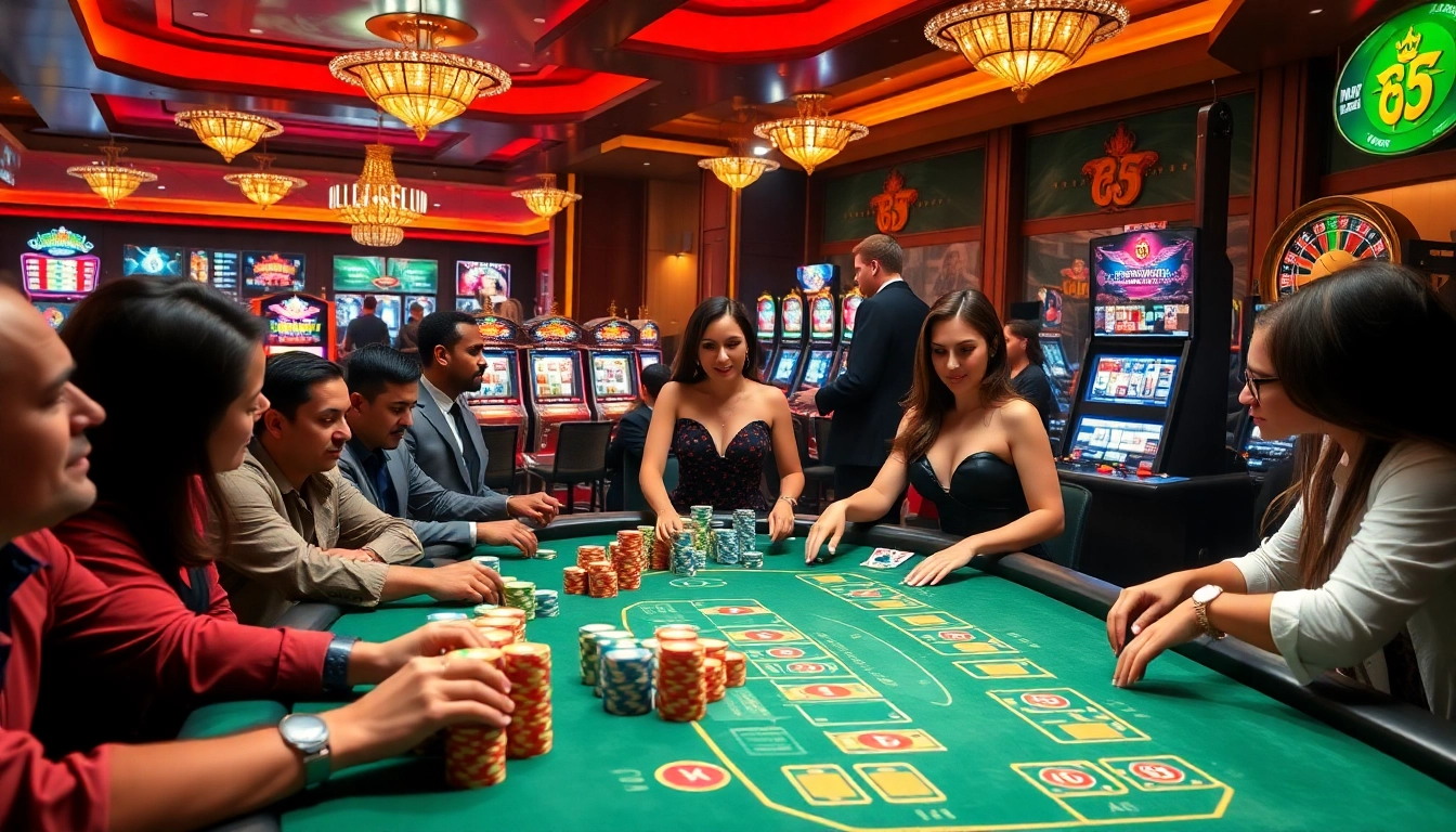 Exciting casino scene at nhà cái 13win with players at a poker table and vibrant slot machines.