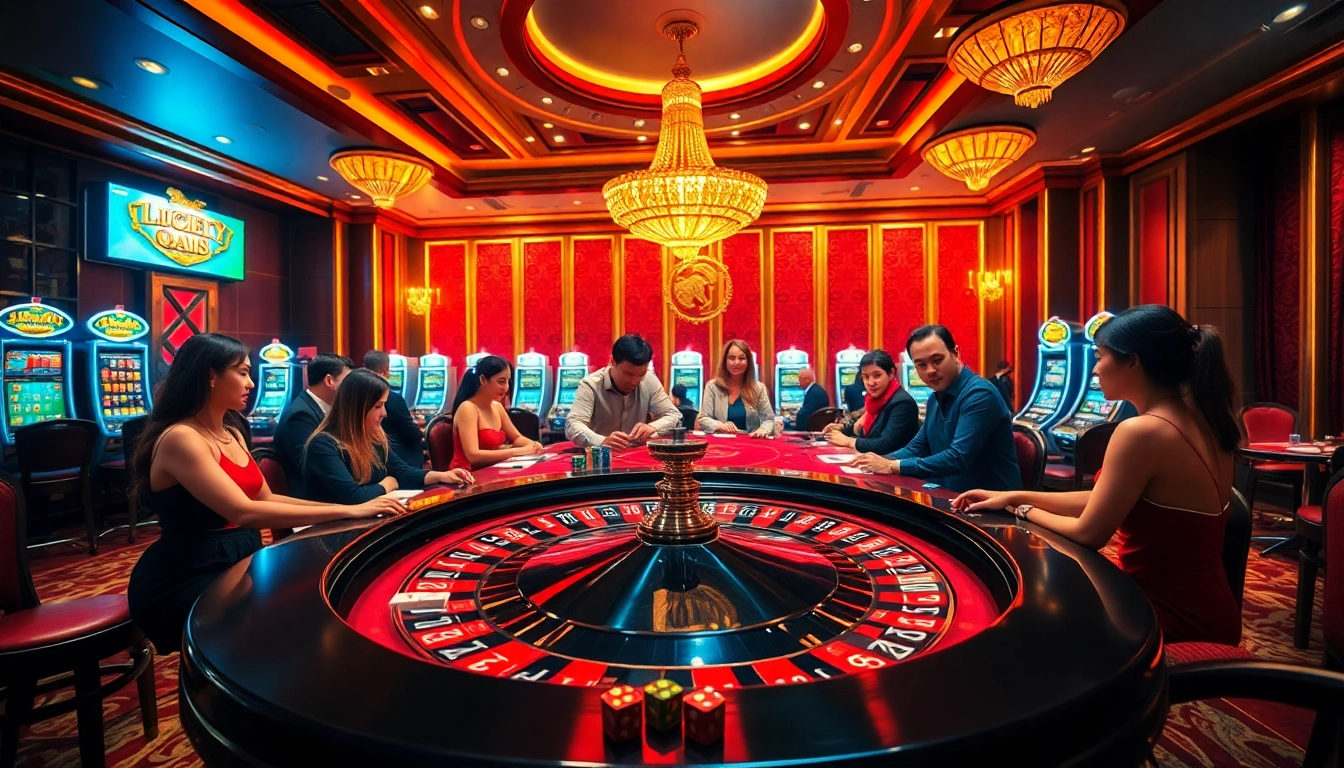 Dynamic casino scene showcasing nhà cái lucky88 with diverse players, roulette, and excitement.