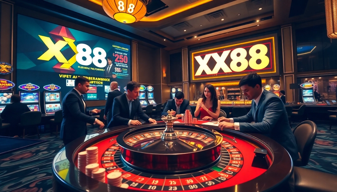 Experience excitement at XX88 with luxurious gaming tables and vibrant slot machines.