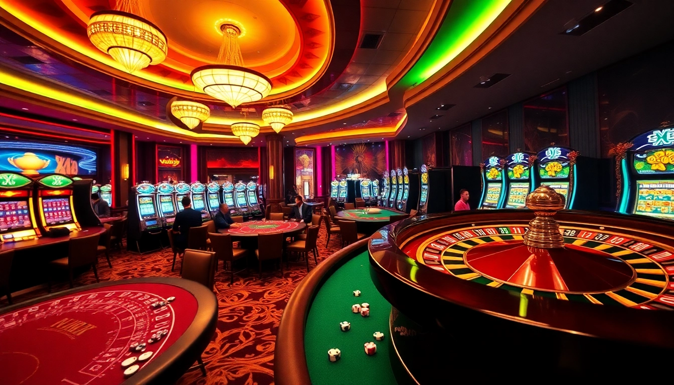 Gameplay excitement at XX88 with vibrant casino tables and illuminated slot machines.