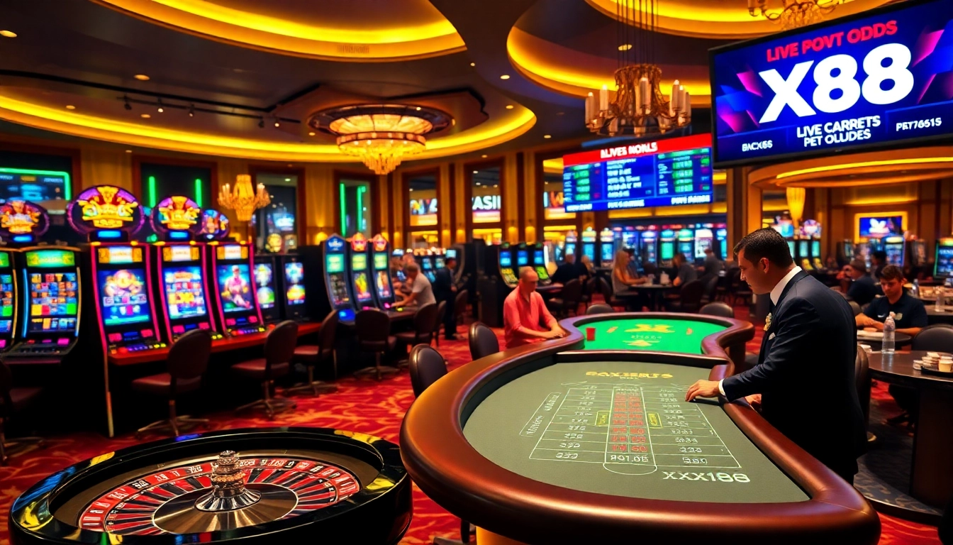 Excitement at XX88 Casino with vibrant slot machines and professional dealers.