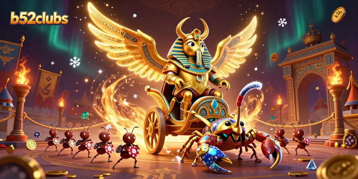 b52clubss players engage with a vibrant casino scene filled with golden scorpions and poker chip ants