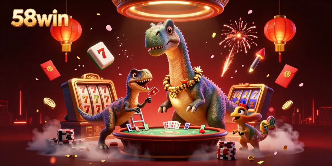 Experience thrilling gameplay at 58win with a cartoon dinosaur overseeing an exciting poker game.