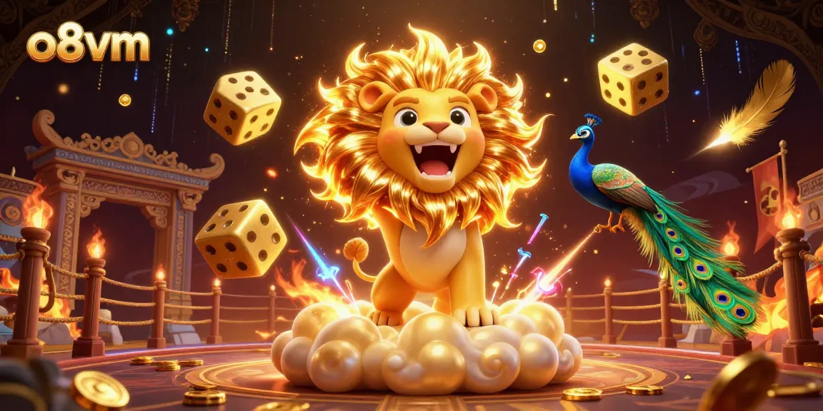 Engage with high-stakes action at o8vm, featuring a roaring lion, golden dice, and a vibrant casino atmosphere.