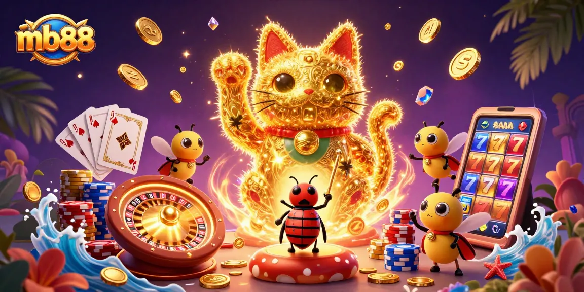 Engage with mb88's dynamic casino experience, featuring lucky cat animation and vibrant gaming symbols.