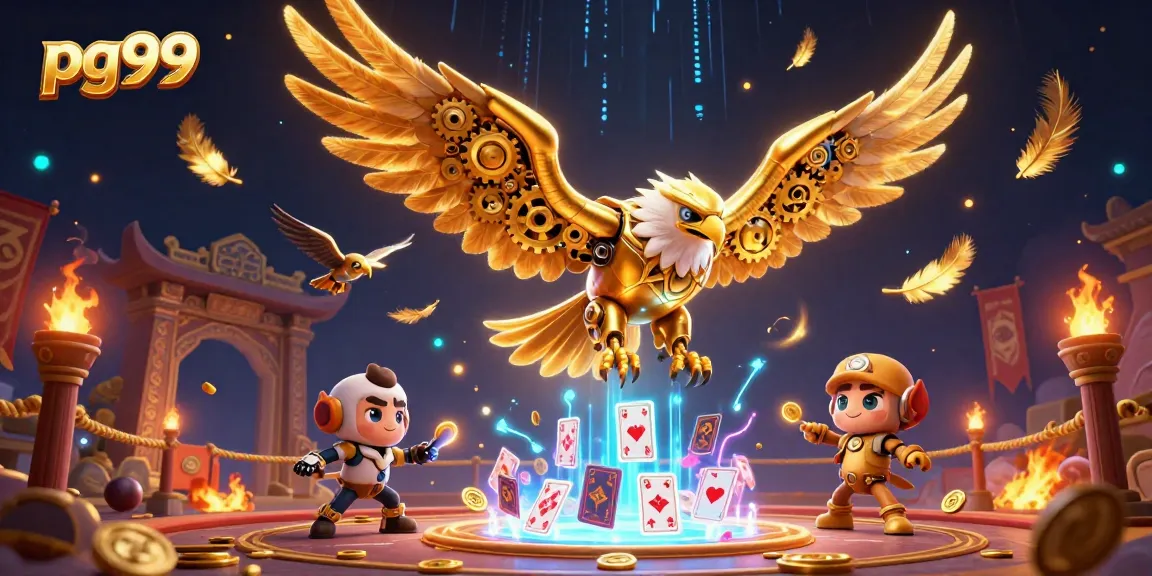 Experience the thrill of pg99 with a cybernetic eagle diving among holographic cards in a stunning casino scene.