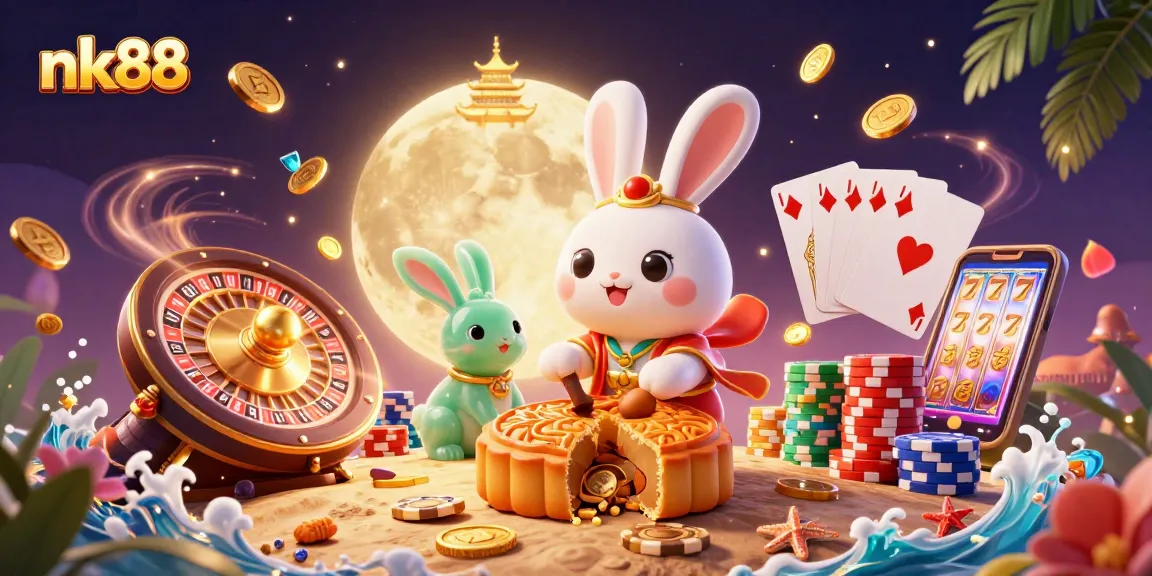 Engage in the fun of nk88 with a vibrant moon rabbit scene illustrating casino games.