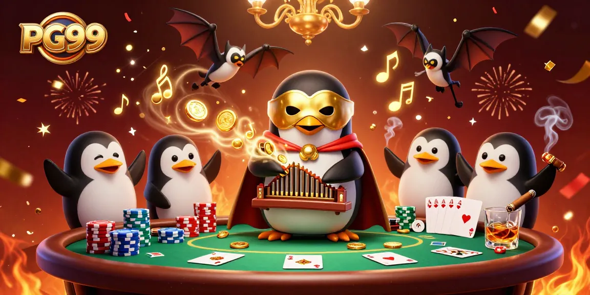 Enjoy thrilling PG99 casino action as a penguin plays an organ shooting coins amidst poker excitement.