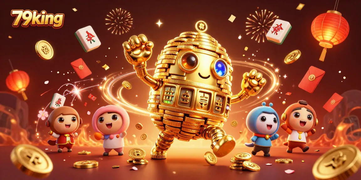 Experience the vibrant magic of 79king with our animated golden golem amidst floating game symbols and Chinese elements.