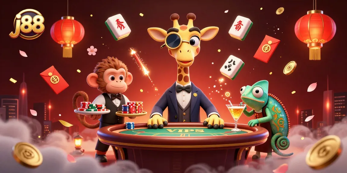 j88 offers a vibrant casino scene with a high-roller giraffe and festive decorations.