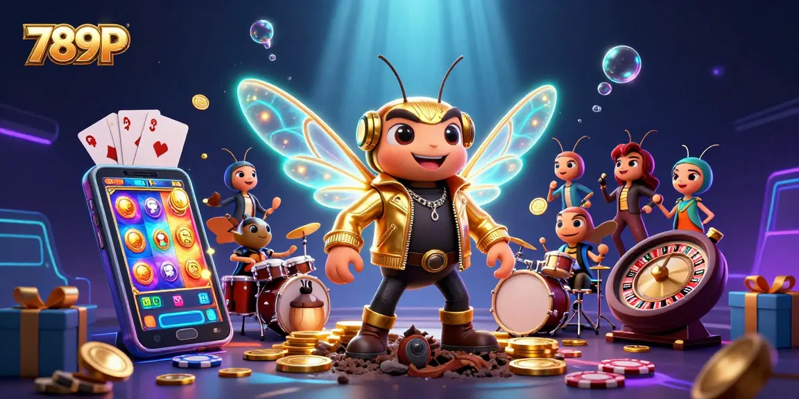 Experience the thrill with 789P's vibrant casino illustration featuring dynamic slot games and rock star characters.