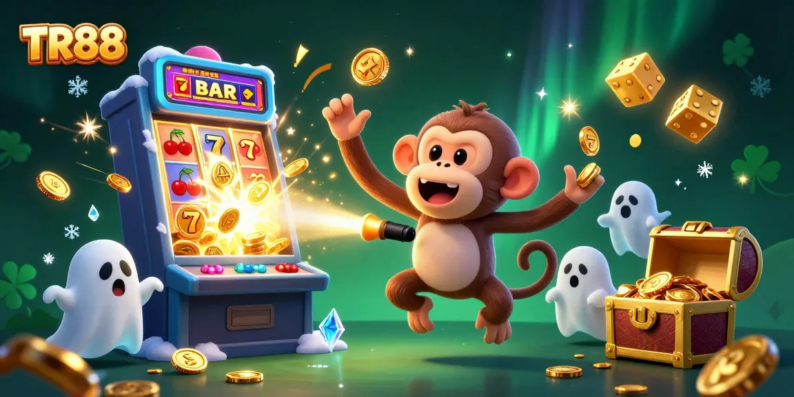 Experience the excitement of TR88 with thrilling jackpots and playful characters in a vibrant casino scene.