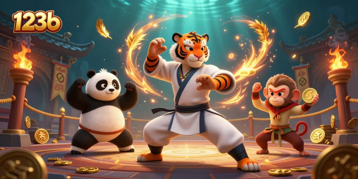 Engage with 123b's vibrant casino scene featuring a kung fu tiger, panda, and monkey amid golden slot elements.