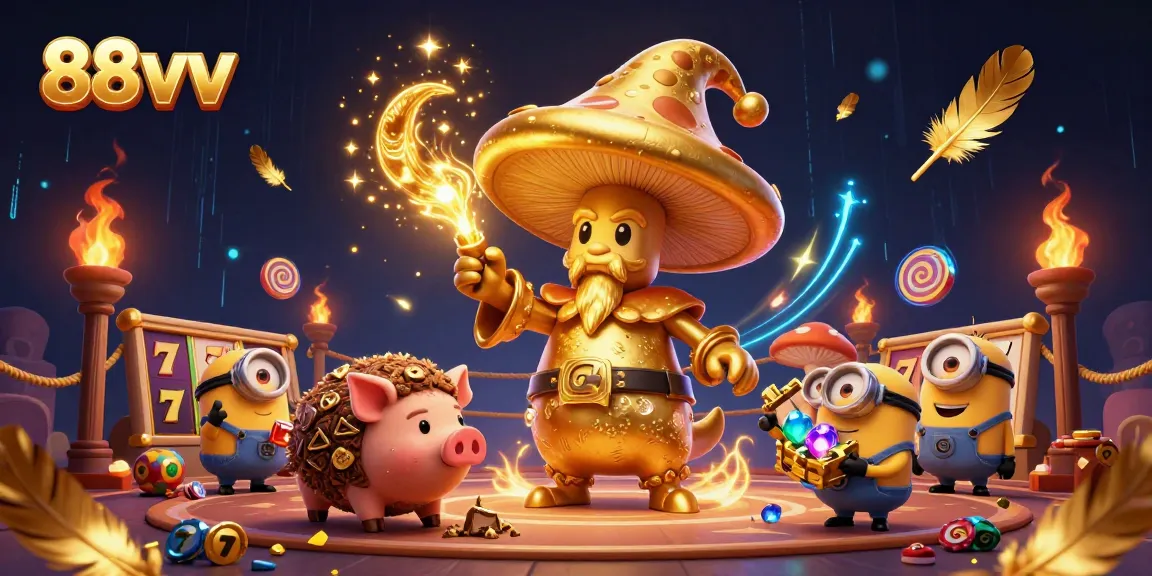 Engage with thrilling 88vv casino magic featuring a wizard, treasure pig, and gem-carrying minions.