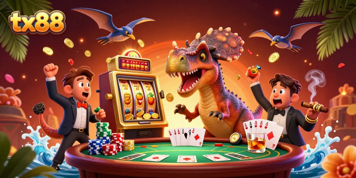tx88 engages players with a lively scene of a cartoon dinosaur winning jackpot coins in a vibrant casino atmosphere.